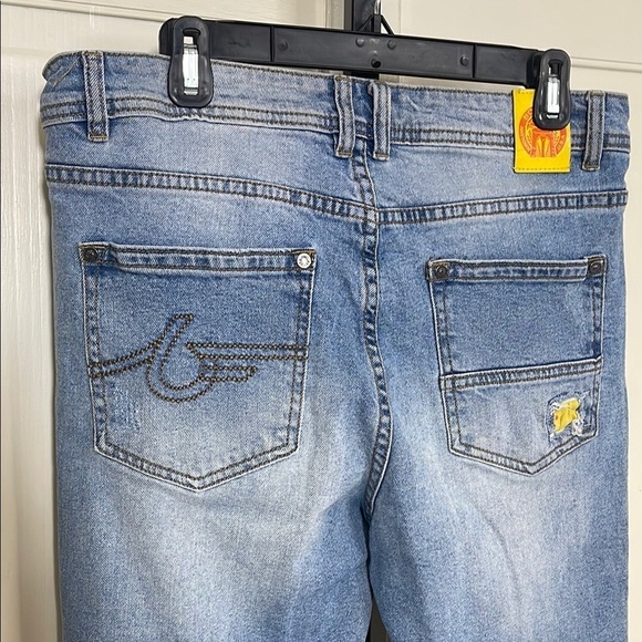 Born Fly Men’s Yellow and Red Art Patchwork Slim Straight Jeans Sz 34 - Picture 4 of 10